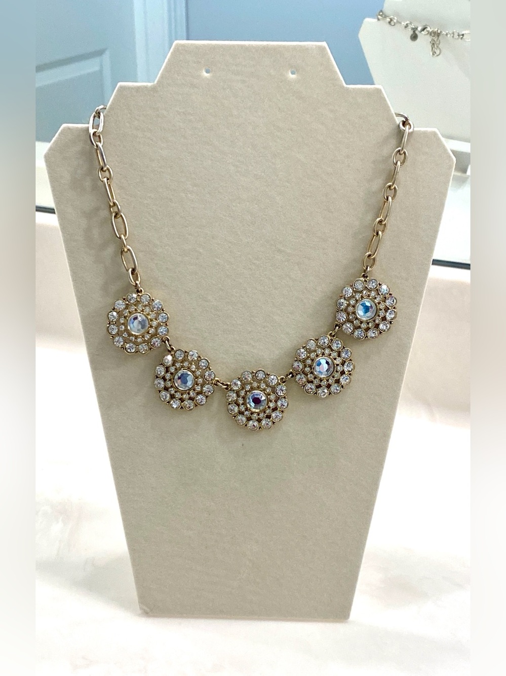 J. Crew Gold-Tone Crystal Flower Cluster Necklace with Clear Stones READ